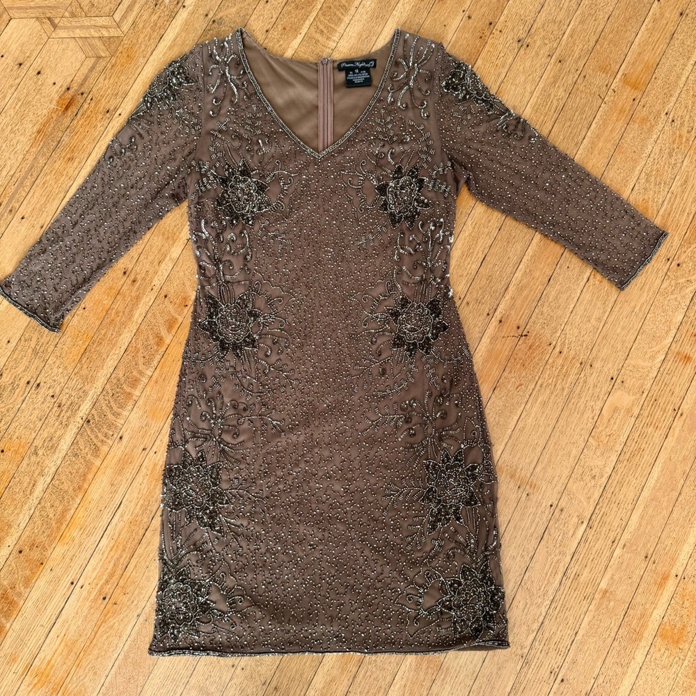 Pisarro Nights Mocha Brown sequin sheath dress with v-neck, size 12